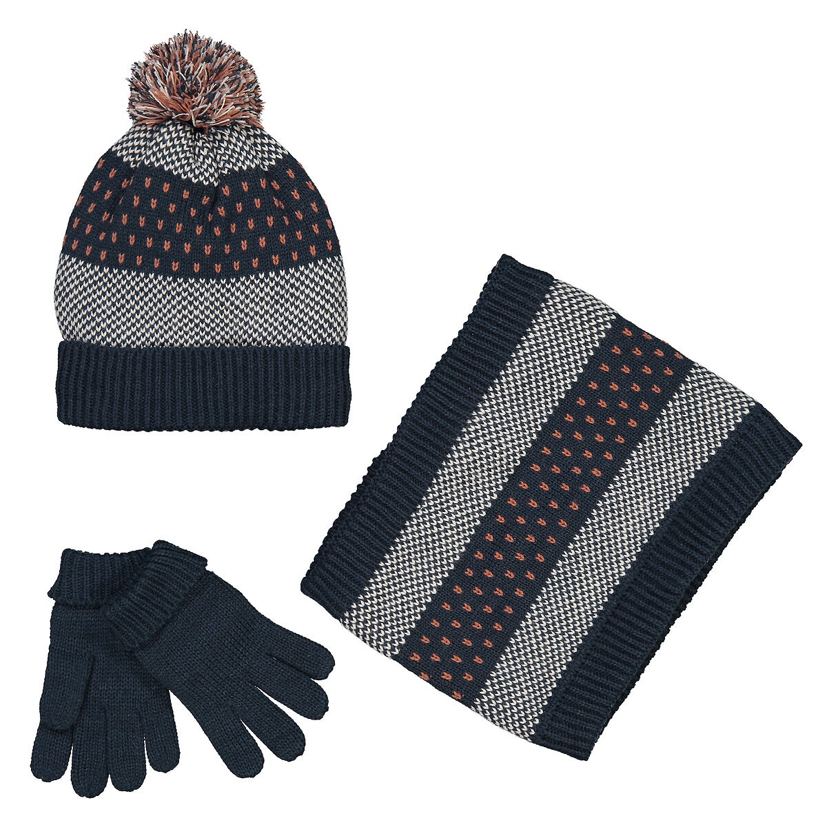 Ensemble bonnet + snood + gants ou moufles colorblock fille - marine