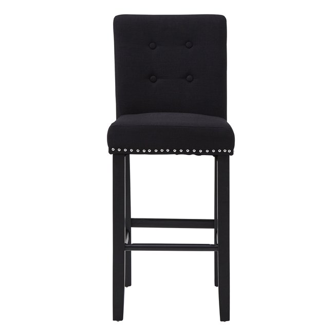 Bar Chair in Black Linen & Stud Detail with Rubberwood Legs, black, SO'HOME