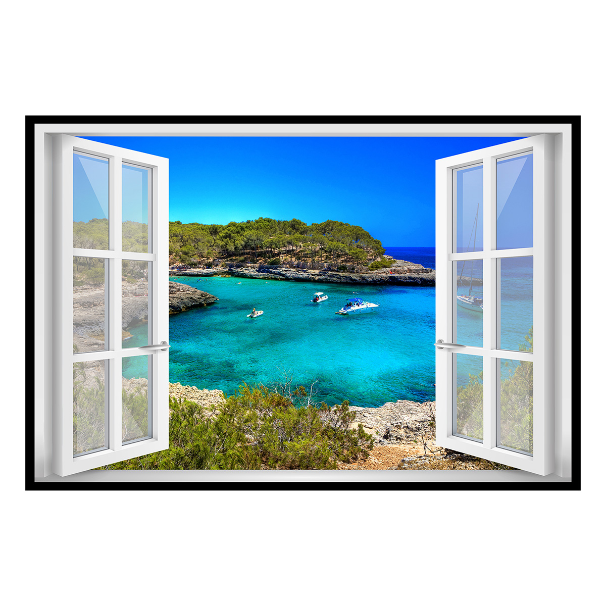 Affiche encadrée fenêtre baie turquoise bateaux, HEXOA