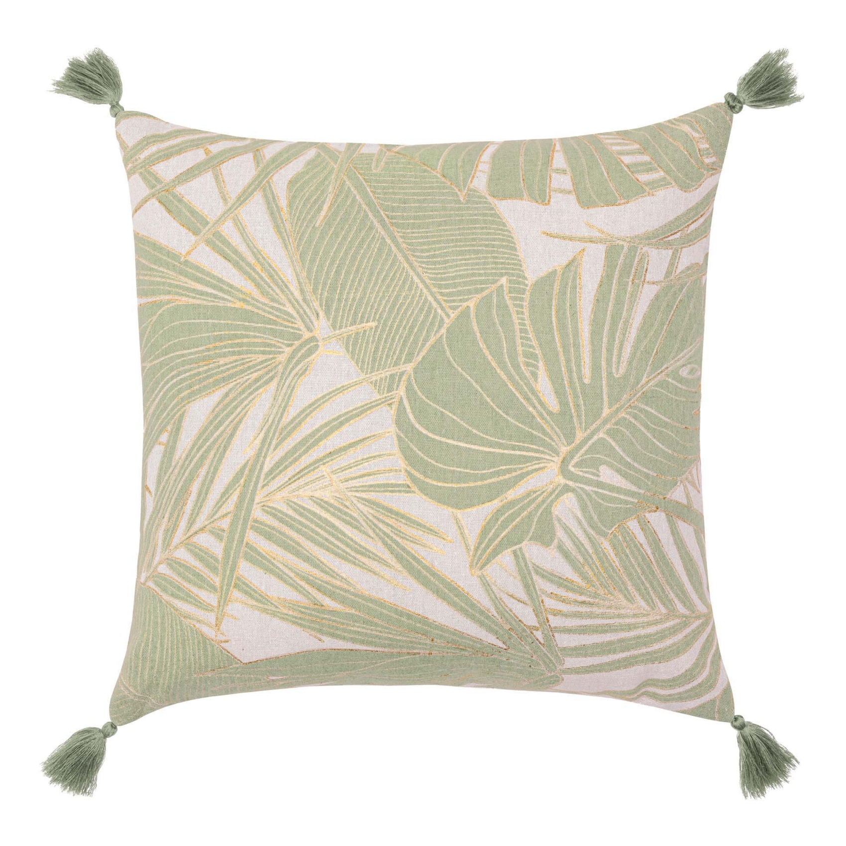 Coussin polycoton feuillages tropicaux métallisé à pompons, DOUCEUR D'INTÉRIEUR