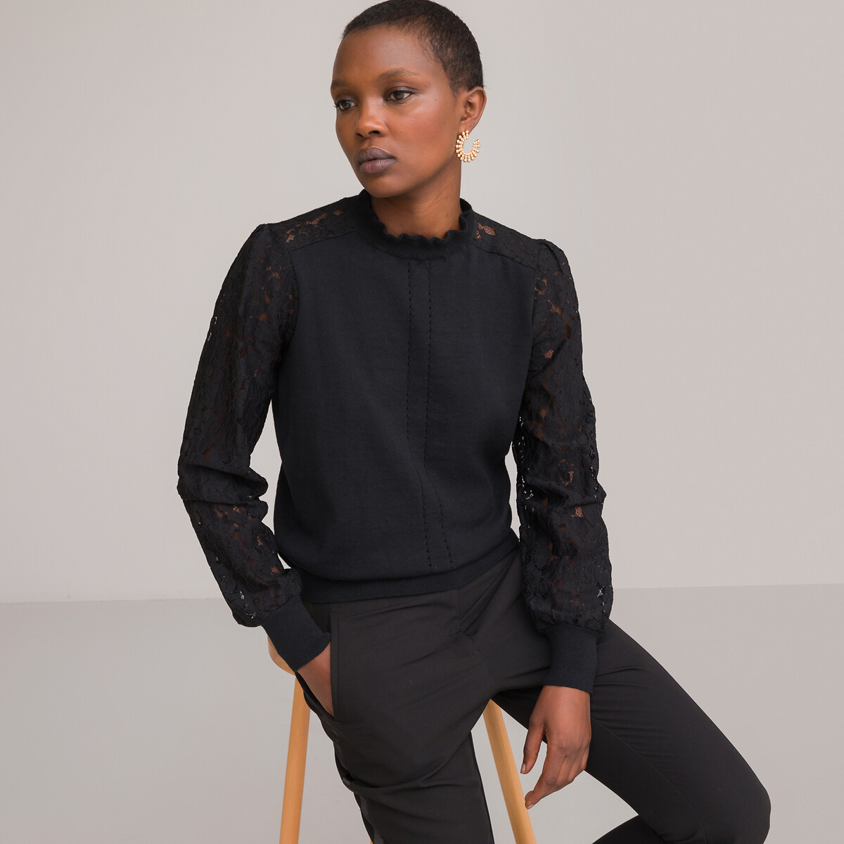 Mock Neck Jumper in Fine Cotton Mix Knit with Lace Detail