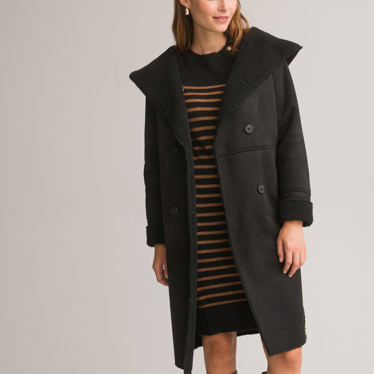 Image of Mid-Length Winter Coat with Button Fastening and Hood