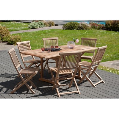 Salon de jardin table d'extérieur extensible rectangle 120/180x90cm 6 chaises pliantes en bois de teck SUMMER PIER IMPORT