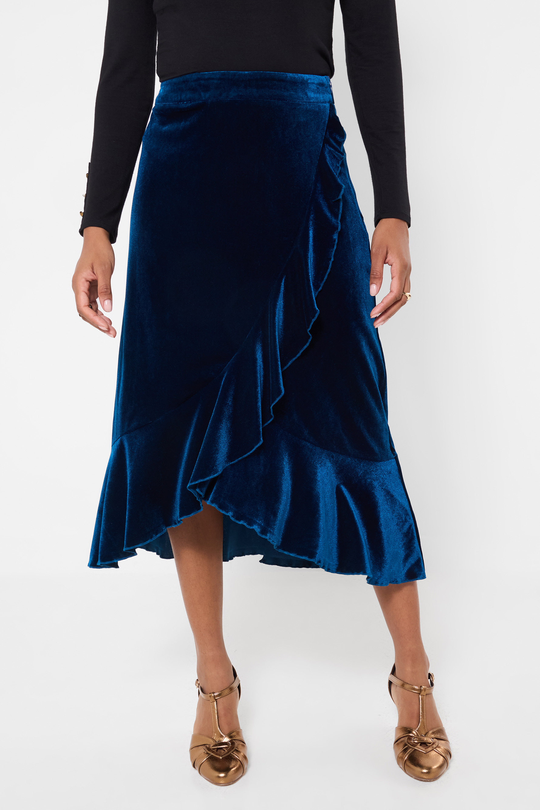 Jupe Midi Portefeuille Volantée en Velours, JOE BROWNS
