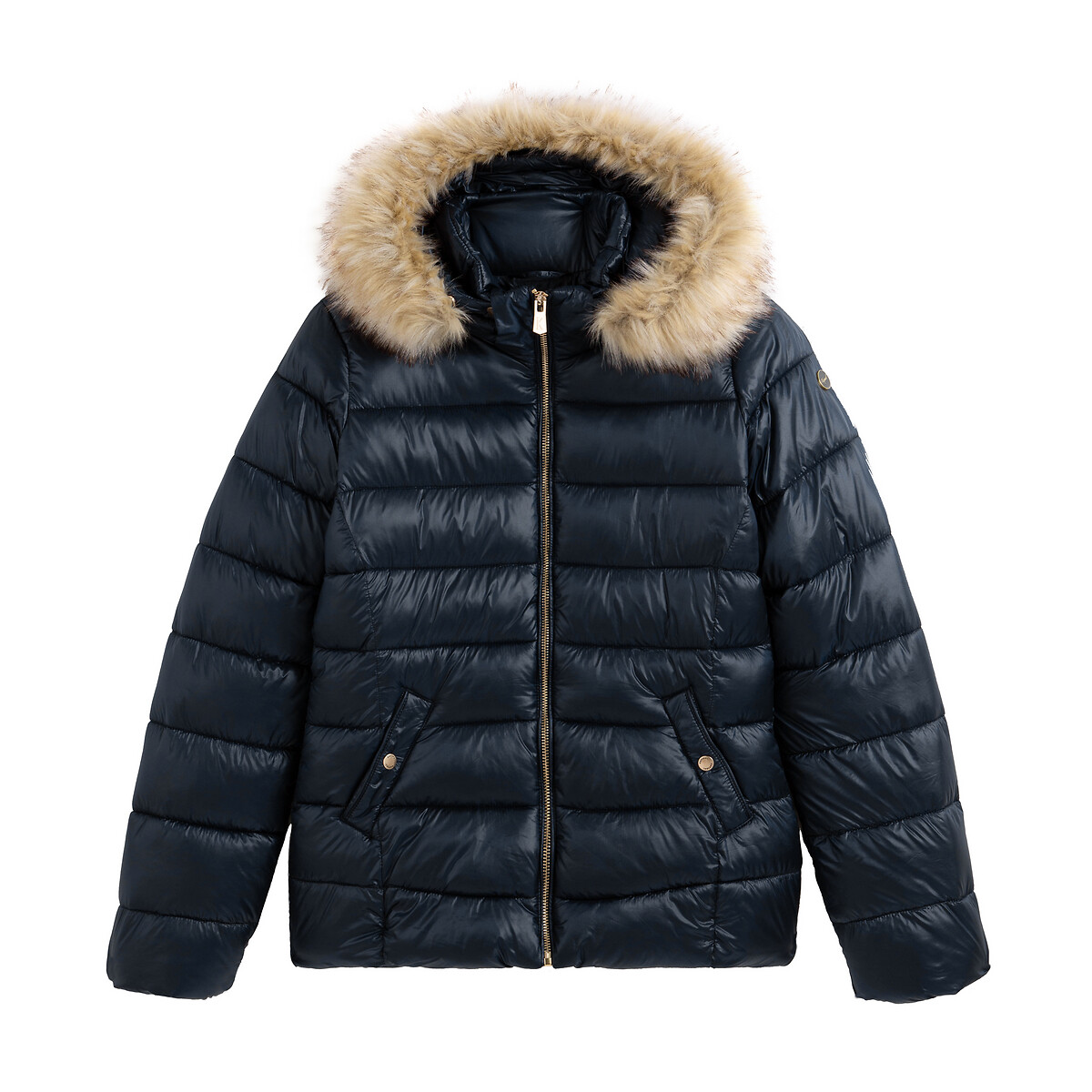Zip-Up Padded Jacket with Faux Fur Hood