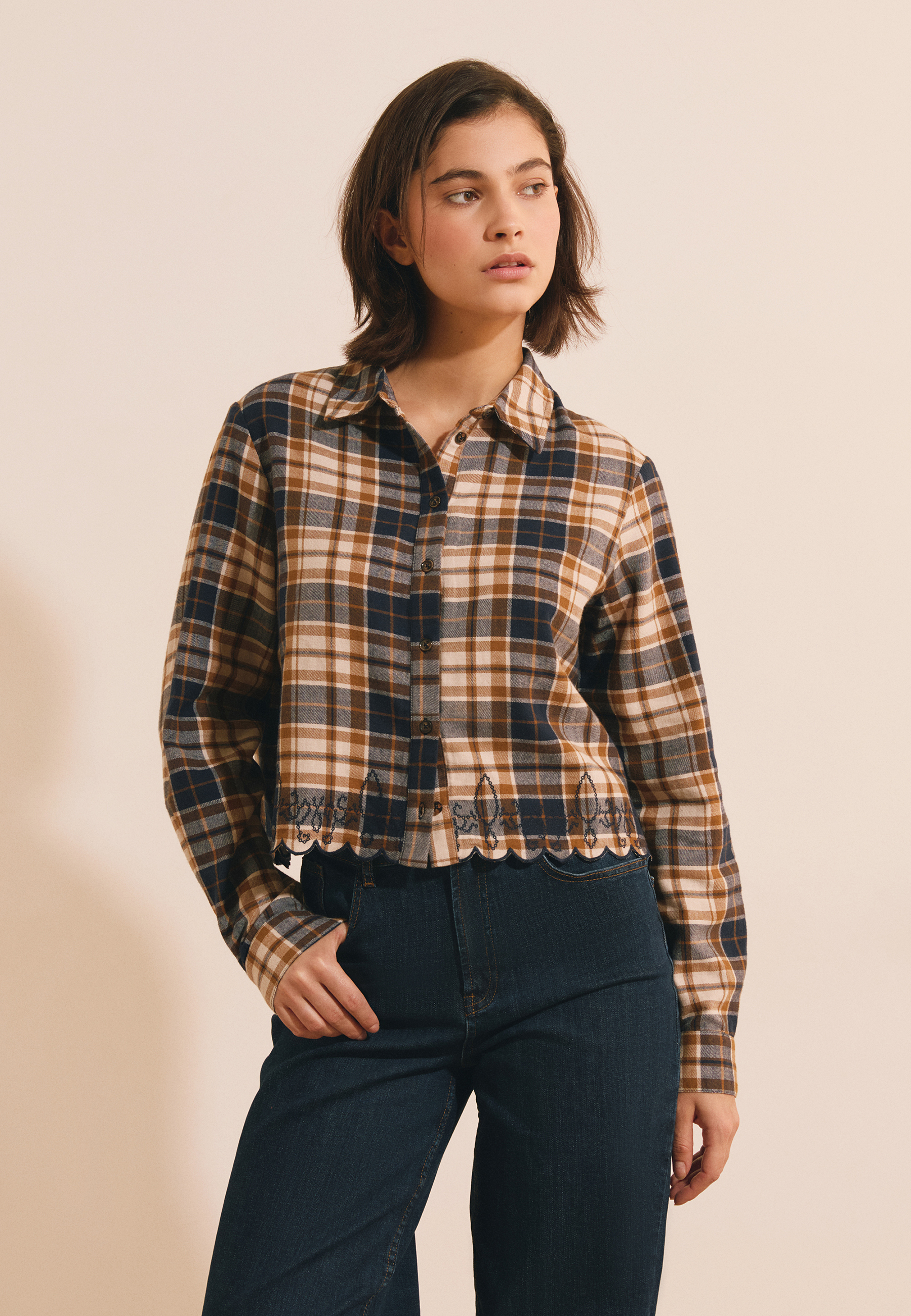 Chemise courte à carreaux avec broderie CORINE CRX, ETAM