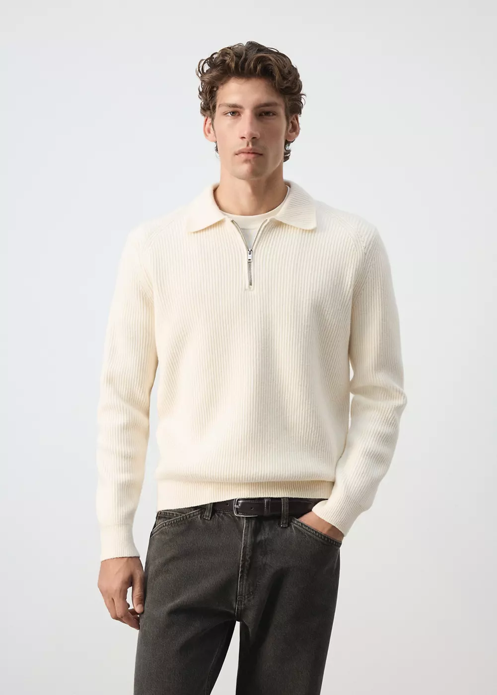 Pull polo côtelé en mélange de laine et de coton, MANGO MAN