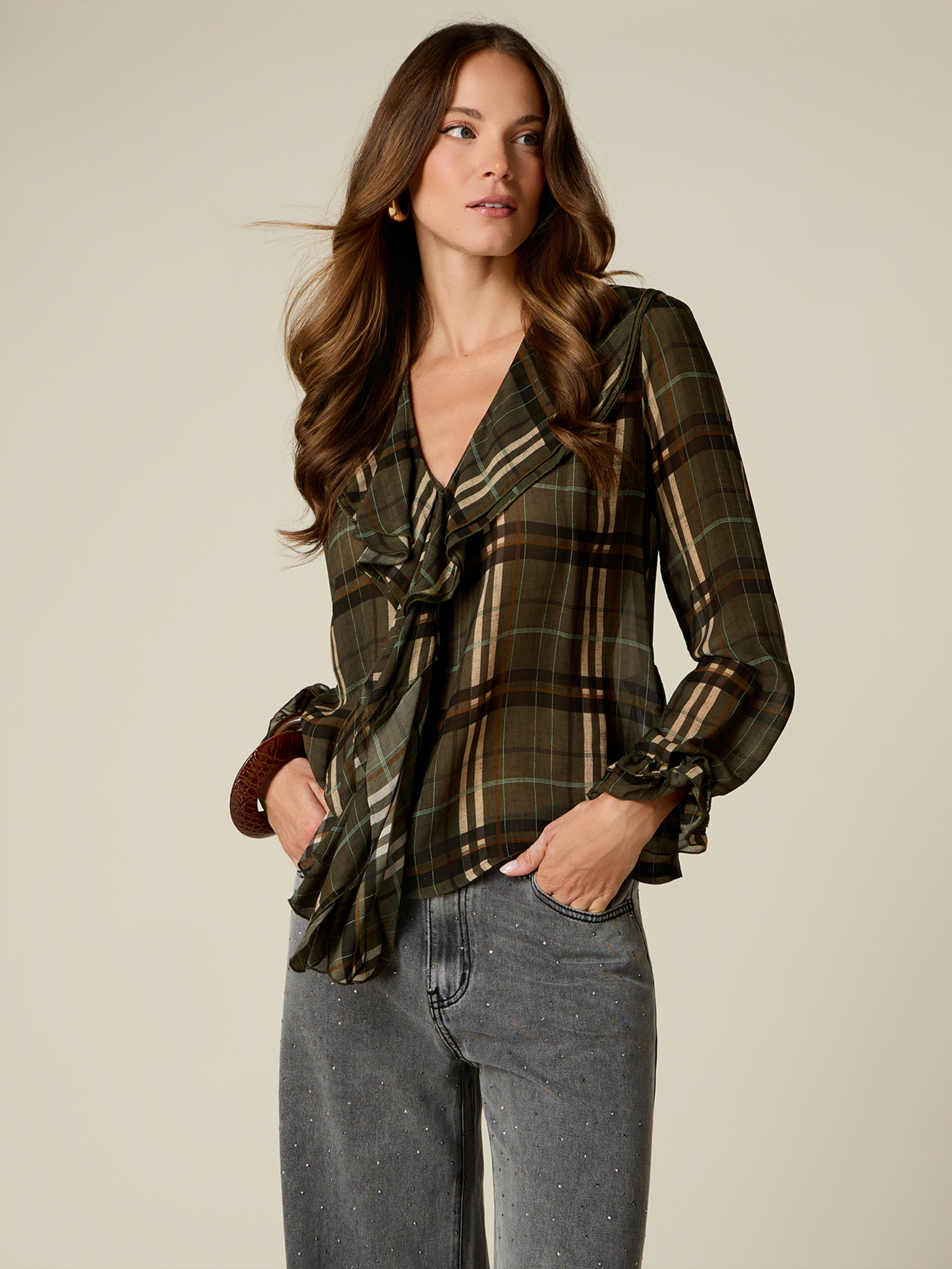 Blouse à carreaux avec volants, OLTRE