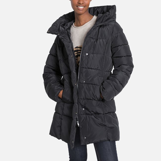 Long winter padded jacket with hood, black, Only Petite | La Redoute