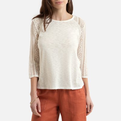 Cotton Collarless T-Shirt with Lace Sleeves ANNE WEYBURN