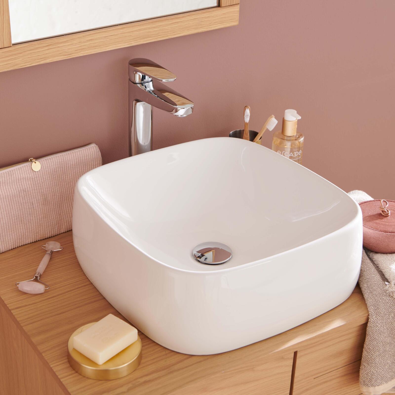 Vasque à poser carrée en céramique blanche 39cm INU, MOB IN