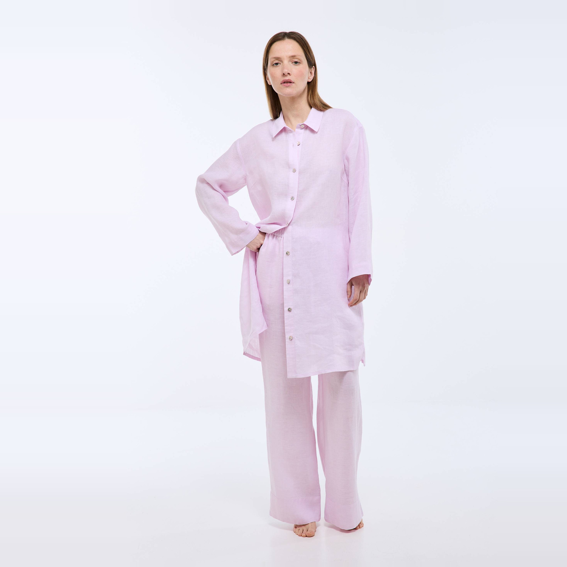 Chemise de nuit manches longues en lin, MONOPRIX