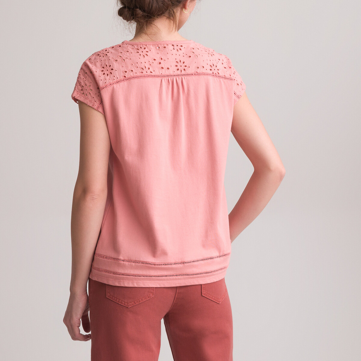 Cotton Broderie Anglaise T-Shirt with Short Sleeves