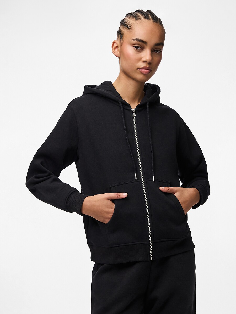 Sweat zippé à capuche, détail poitrine, PIECES