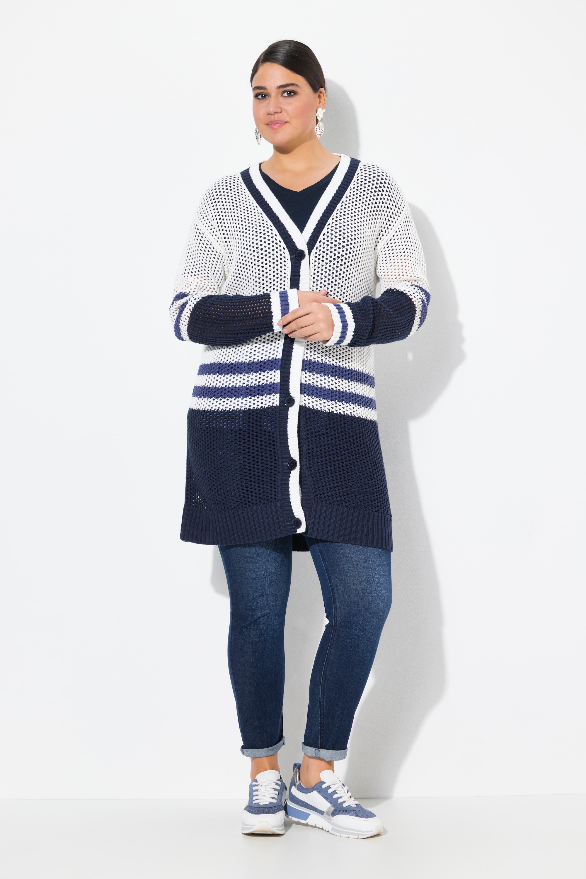 Cardigan long à rayures. Encolure, ULLA POPKEN