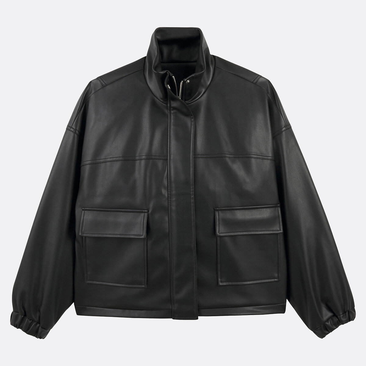 Faux leather short jacket with zip fastening, black, La Redoute