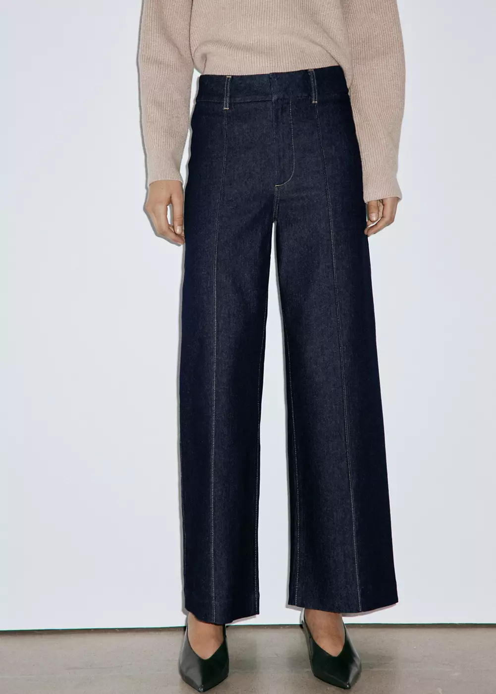 Jean large taille haute à coutures, MANGO