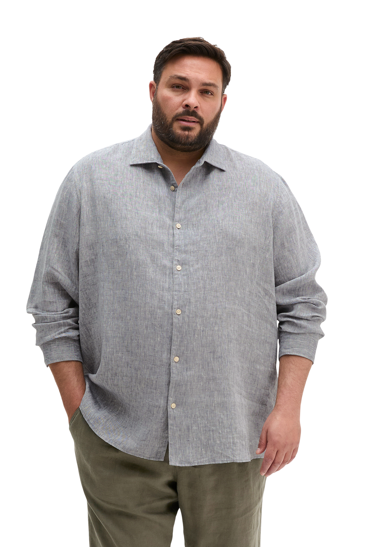 Chemise à col requin shaped en chambray de lin fin, MARC O'POLO