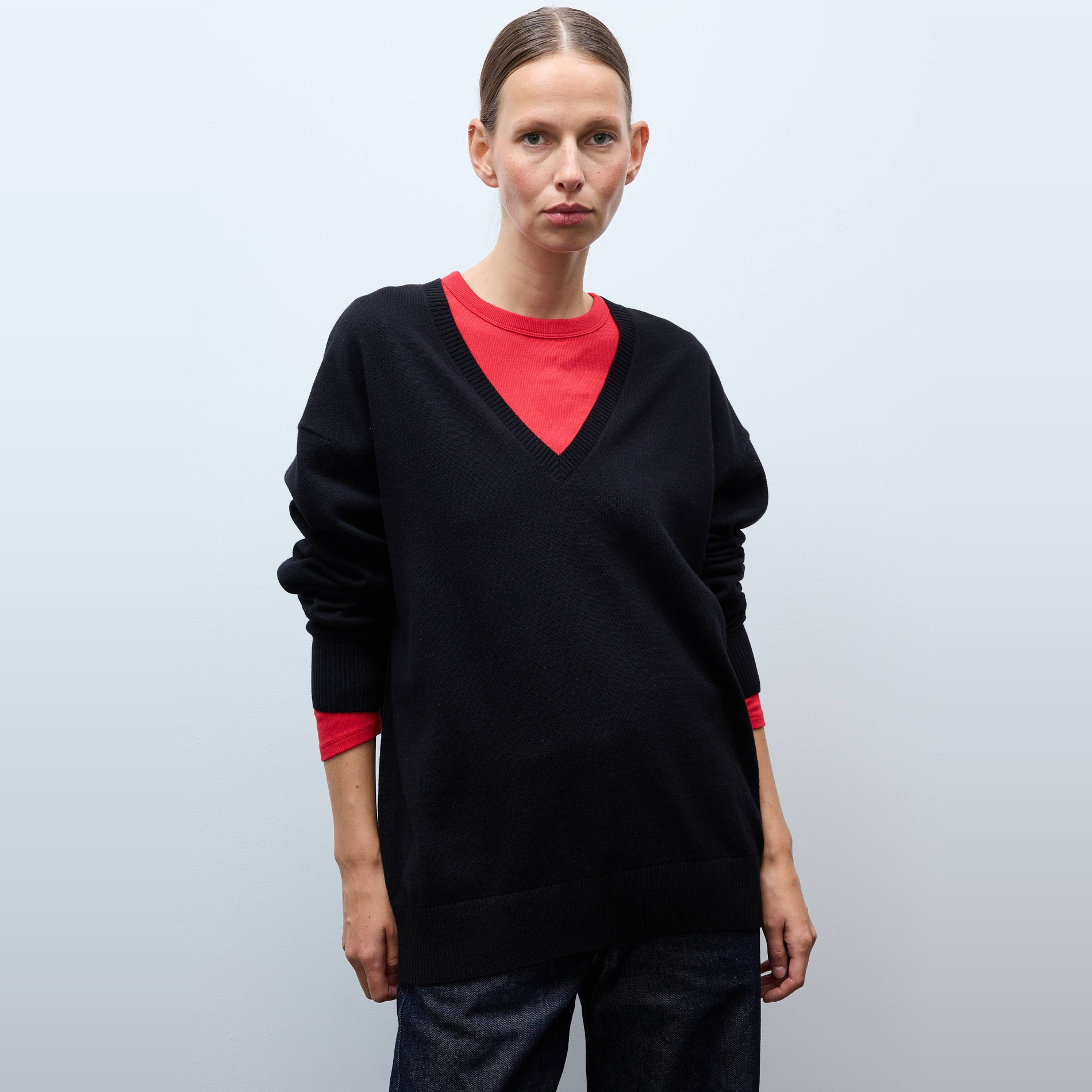 Pull long col V contenant de l'alpaga, MONOPRIX