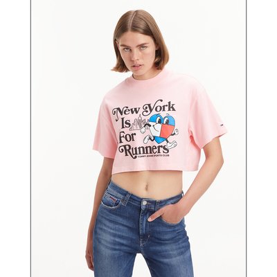 Printed Cotton Cropped T-Shirt with Crew Neck and Short Sleeves TOMMY JEANS