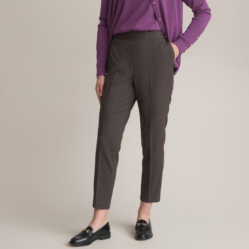 Ankle grazer trousers in chevron print with elasticated waist, length  26.5, grey herringbone, Anne Weyburn