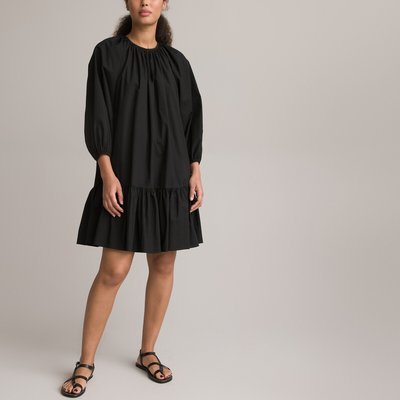 Cotton Tiered Mini Dress with 3/4 Length Sleeves and Crew Neck LA REDOUTE COLLECTIONS