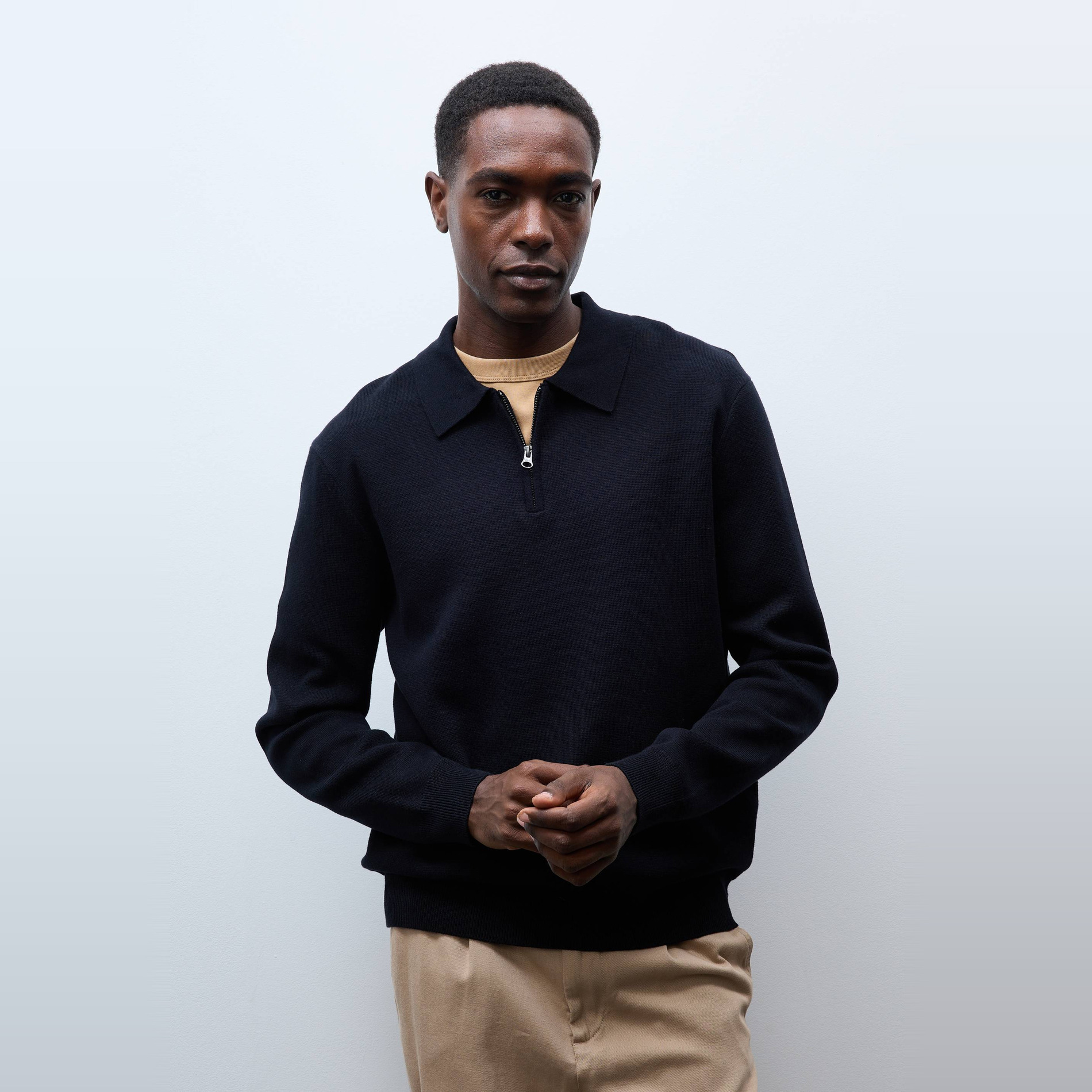 Pull col rond polo en coton et cachemire, MONOPRIX