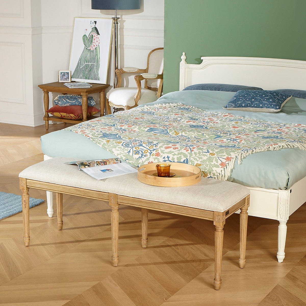 Banc style shabby chic en hévéa massif et tissu lin premium STEPHEN, ROBIN DES BOIS