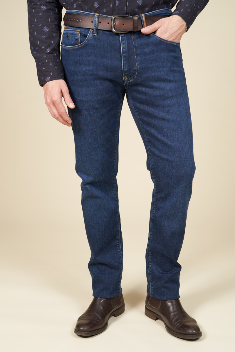 Jean stretch en maille avec détail cuir, MCS