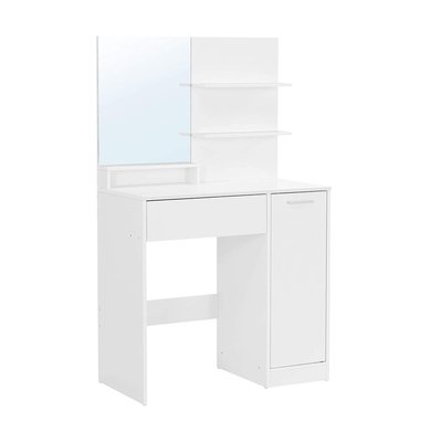 Coiffeuse blanche avec miroir, 1 tiroir, 2 étagères et armoire de rangement - L80 x H132 cm CALICOSY