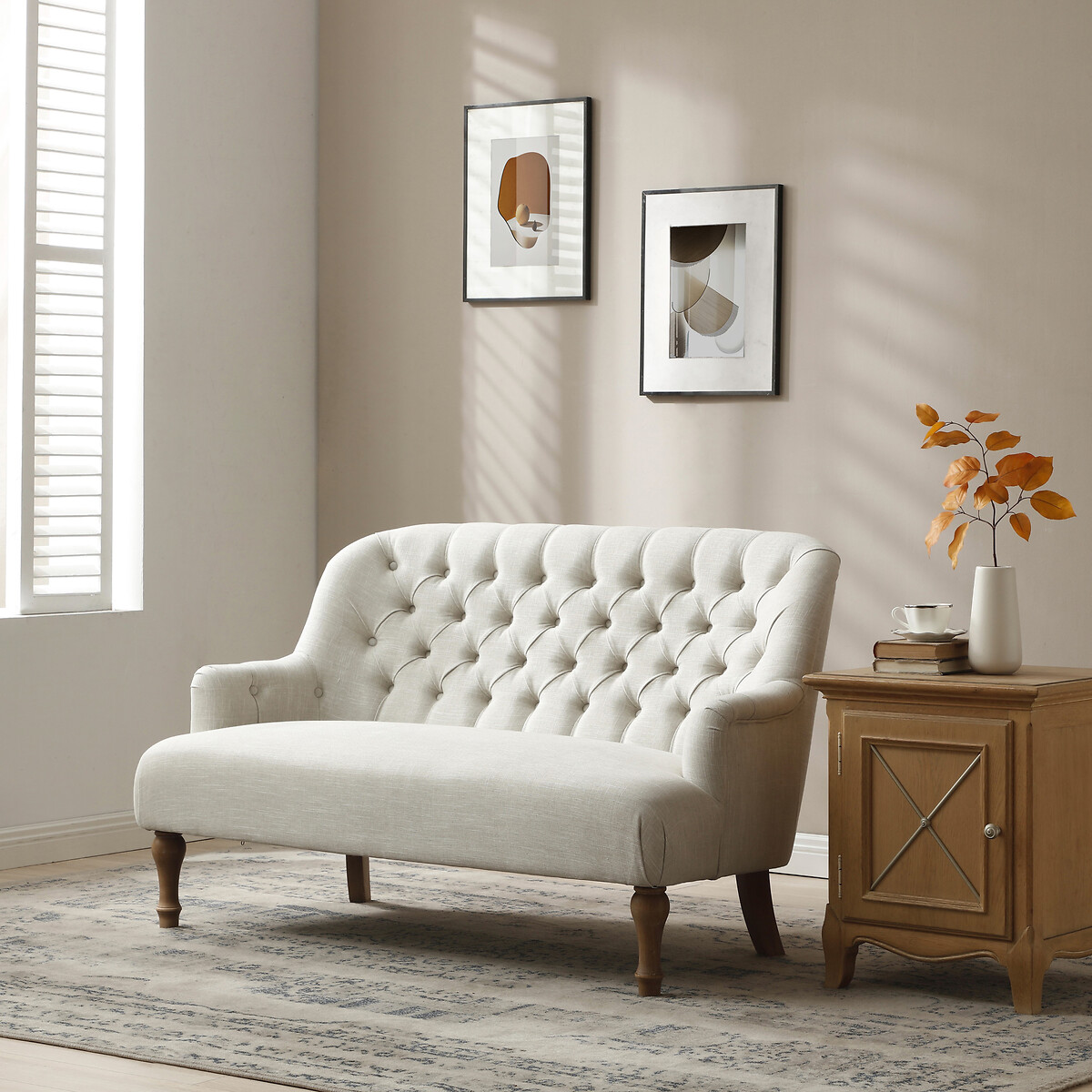 Bonnie French-Vintage Textured Linen Buttoned 2-Seater Accent Sofa, ÉDITÉ