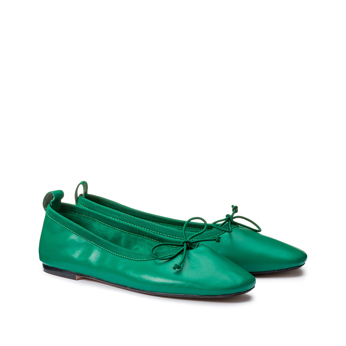 Leather Ballet Flats with Bow Detail La Redoute