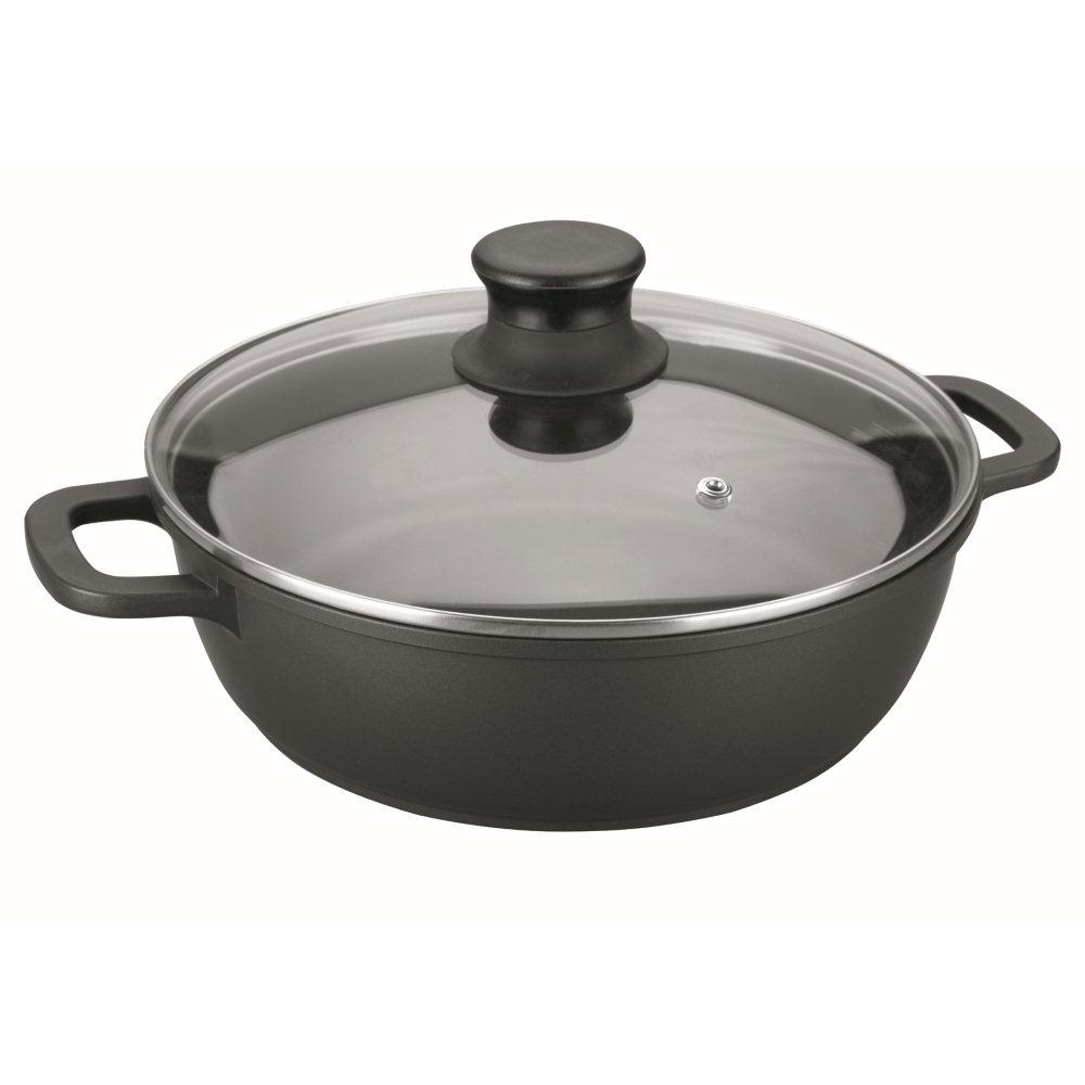 Faitout bas 32 cm en fonte d'aluminium couvercle en verre, LACOR