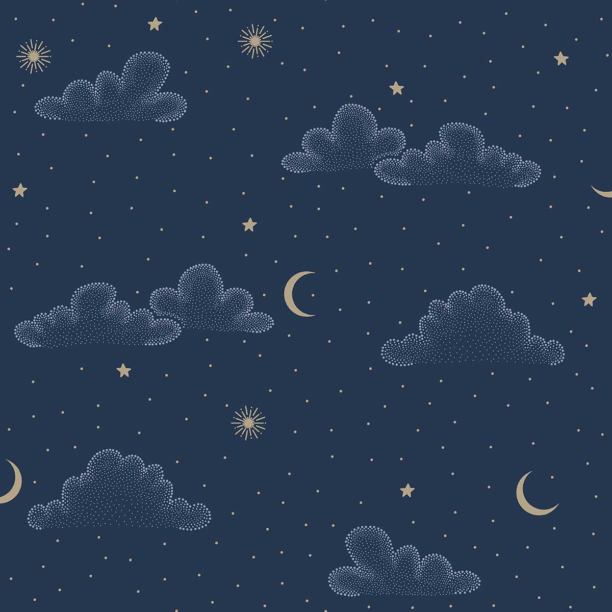 Papier peint nuages étoiles lune fond bleu nuit, HEXOA