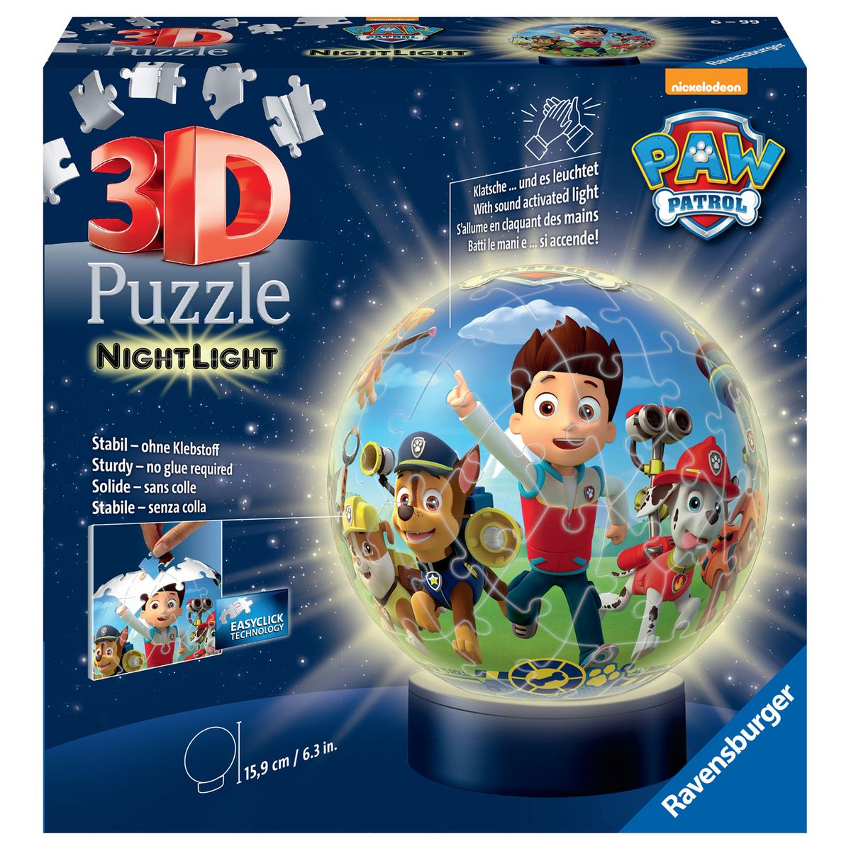 Ravensburger Puzzle 3D Ball Pat'Patrouille - 72 Pièces Numérotées - Dès 6 Ans - Diamètre 13 Cm - Sans Colle Avec Support Inclus