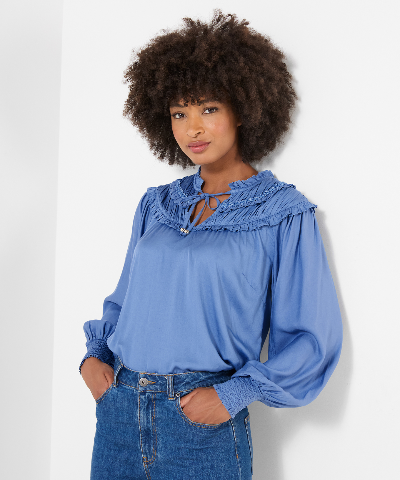 Blouse Romantique à Col Noué à Volants et Manches Ballon, JOE BROWNS
