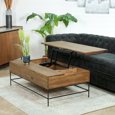 Table basse relevable en bois massif et métal avec rangement style industriel contemporain HUDSON PIER IMPORT