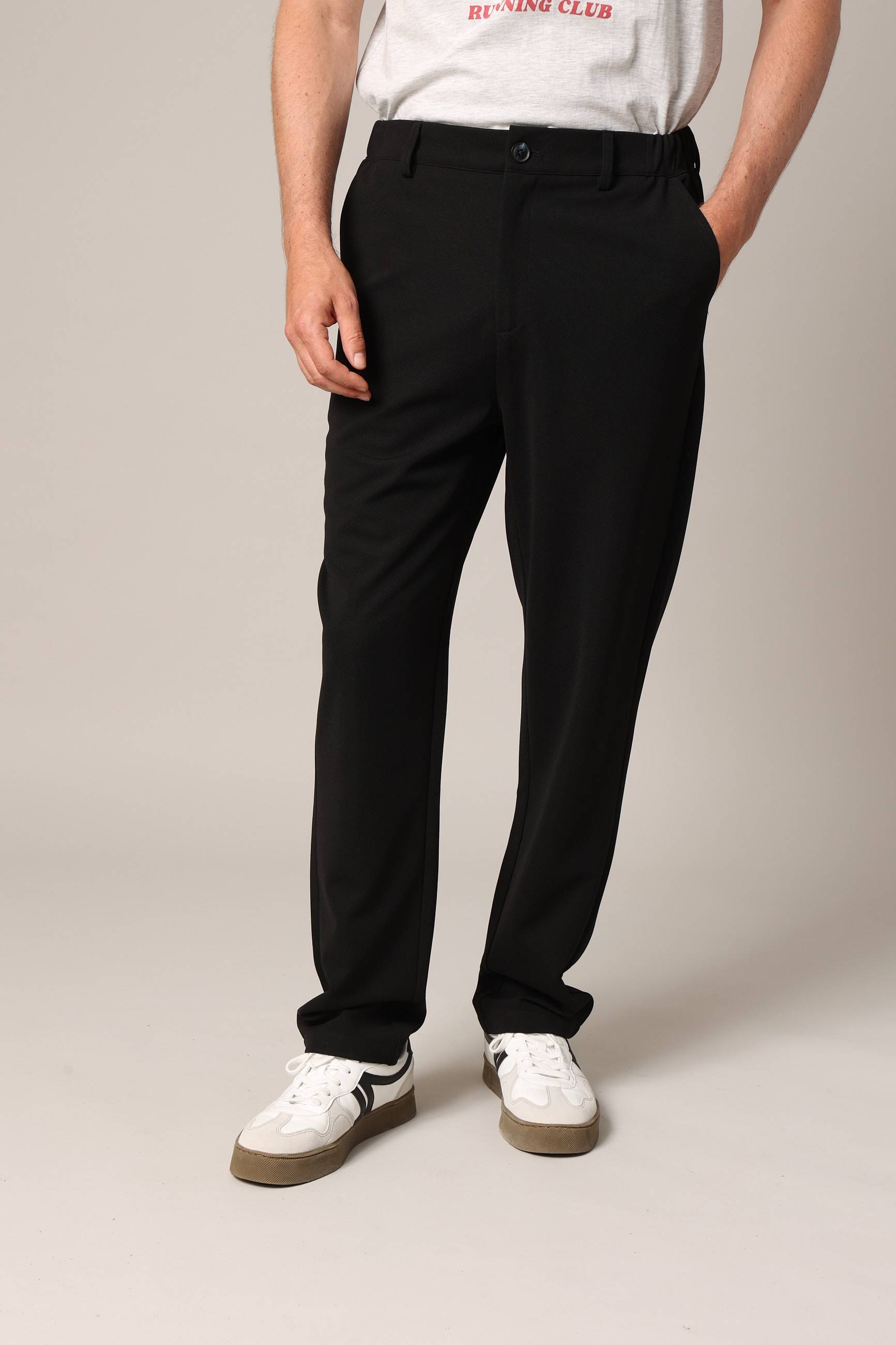 Pantalon droit en maille noire, taille élastiquée avec cordon de serrage THIAGO, DEELUXE