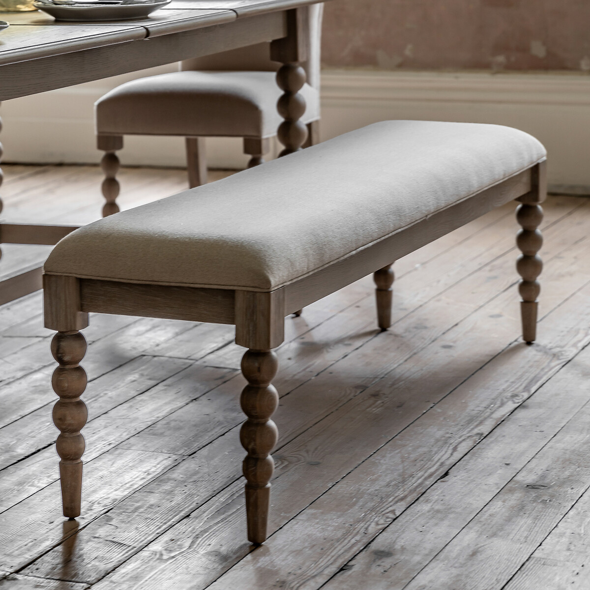 Ames Linen Upholstered 3 Seater Dining Bench with Pompom Legs (145cm), ÉDITÉ