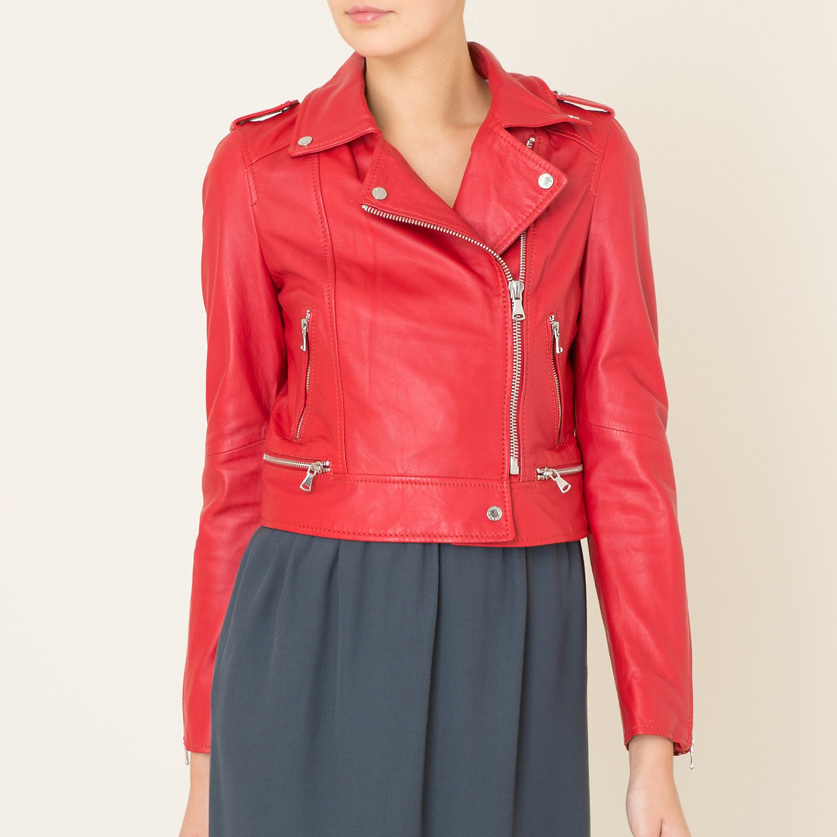 womens red leather moto jacket