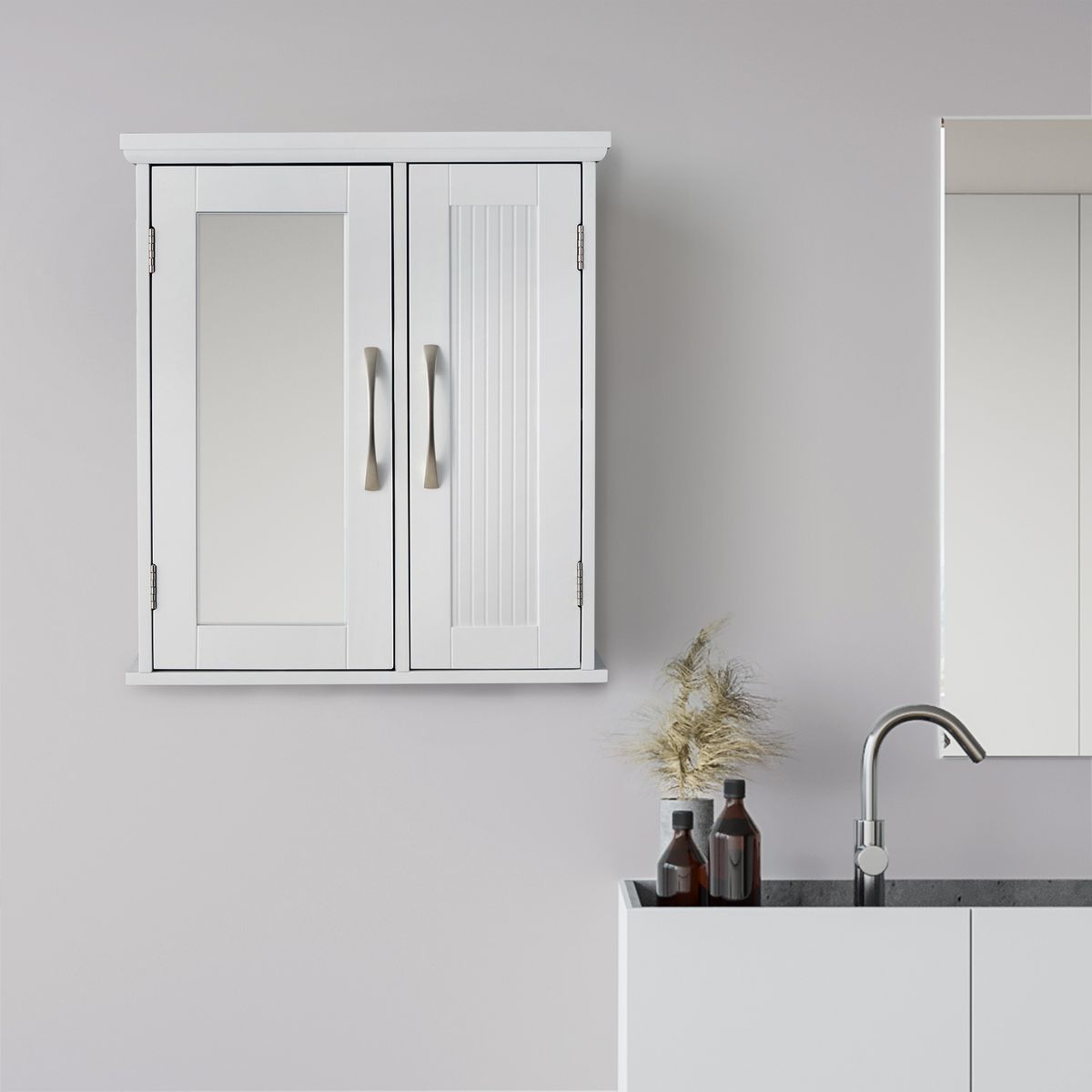 teamson home salle de bain en bois miroir mural armoire a pharmacie avec miroir et etageres reglables blanc ehf-f0008