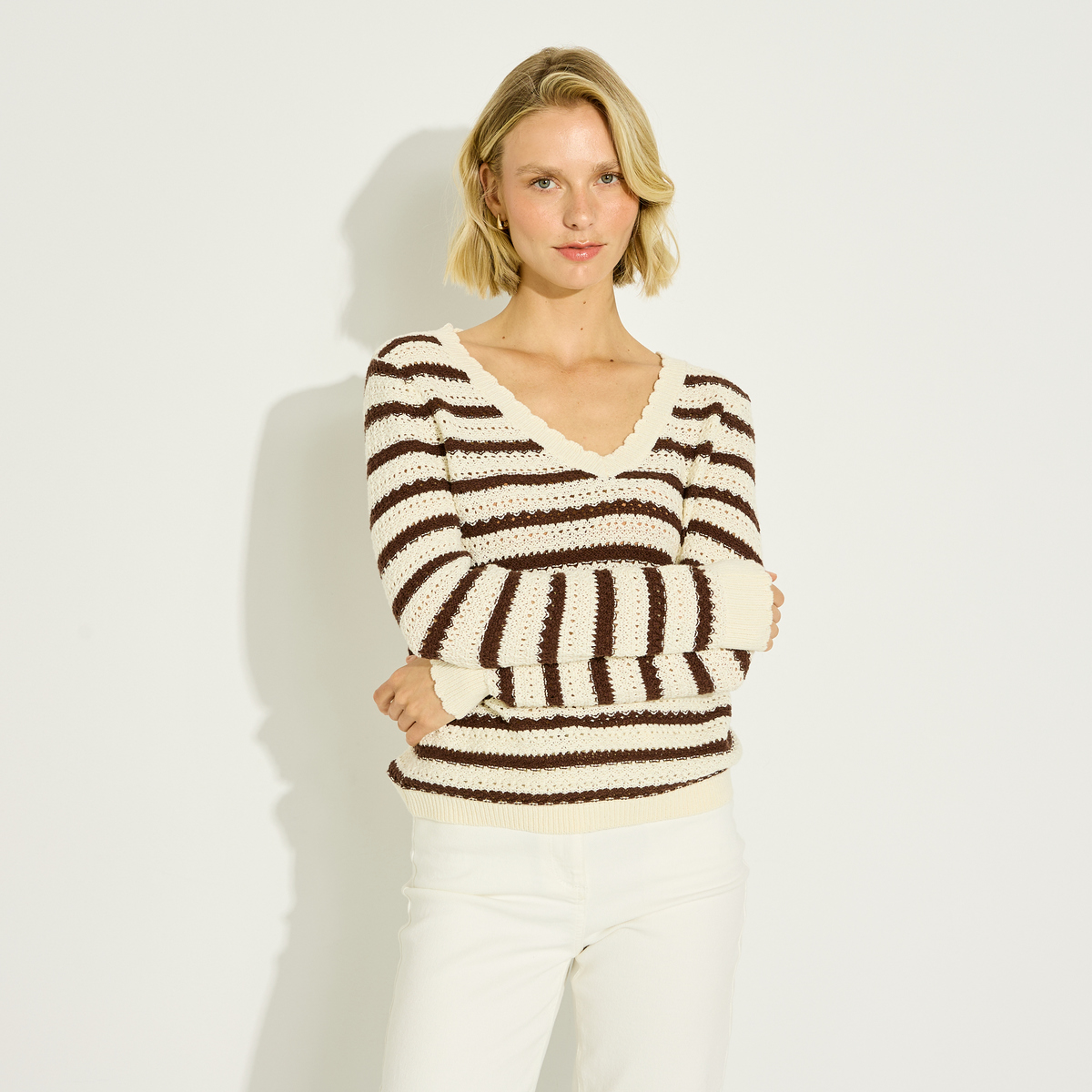 Pull rayé en maille ajourée, GRAIN DE MALICE