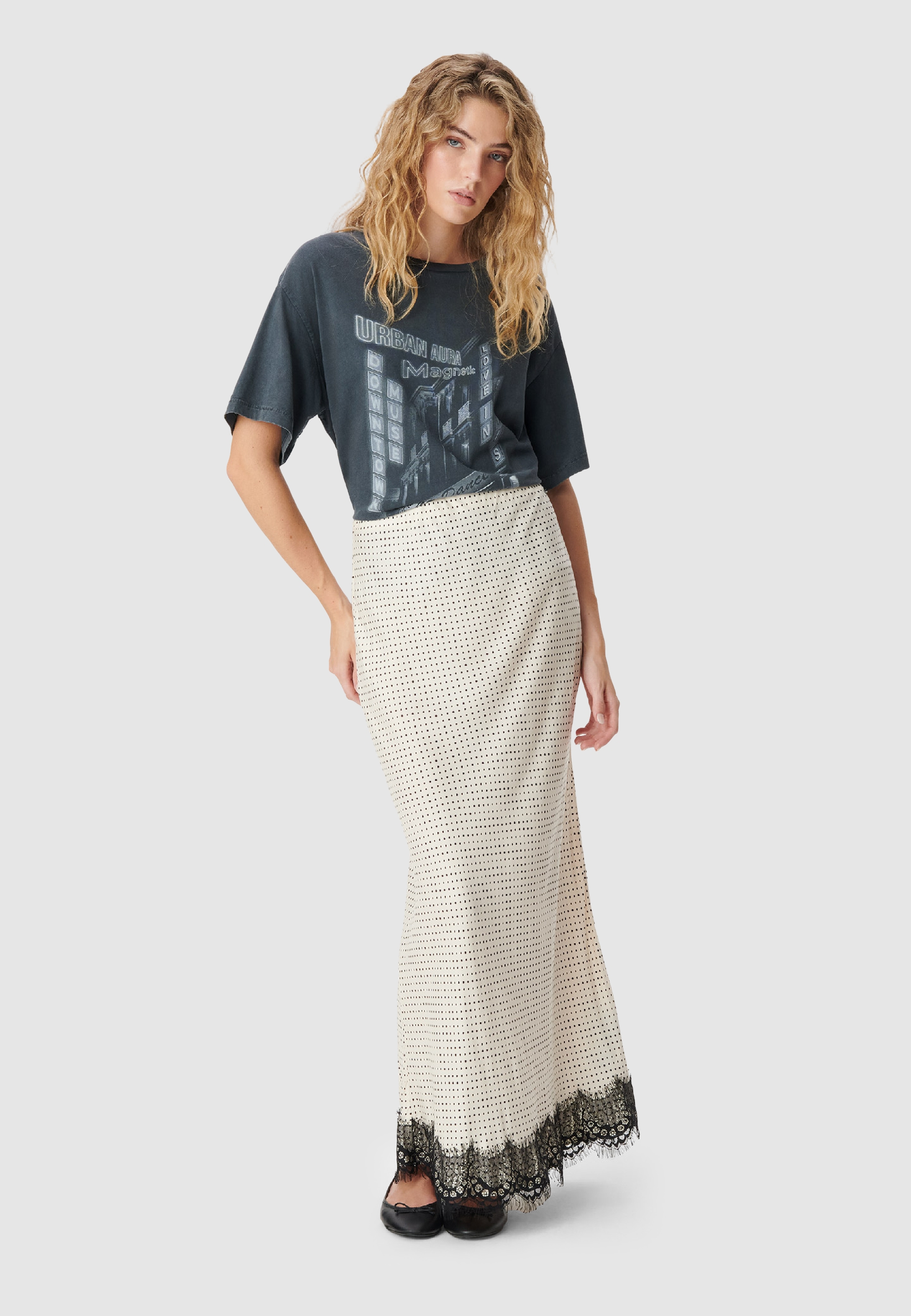 Jupe midi motif pois et dentelle, IKKS