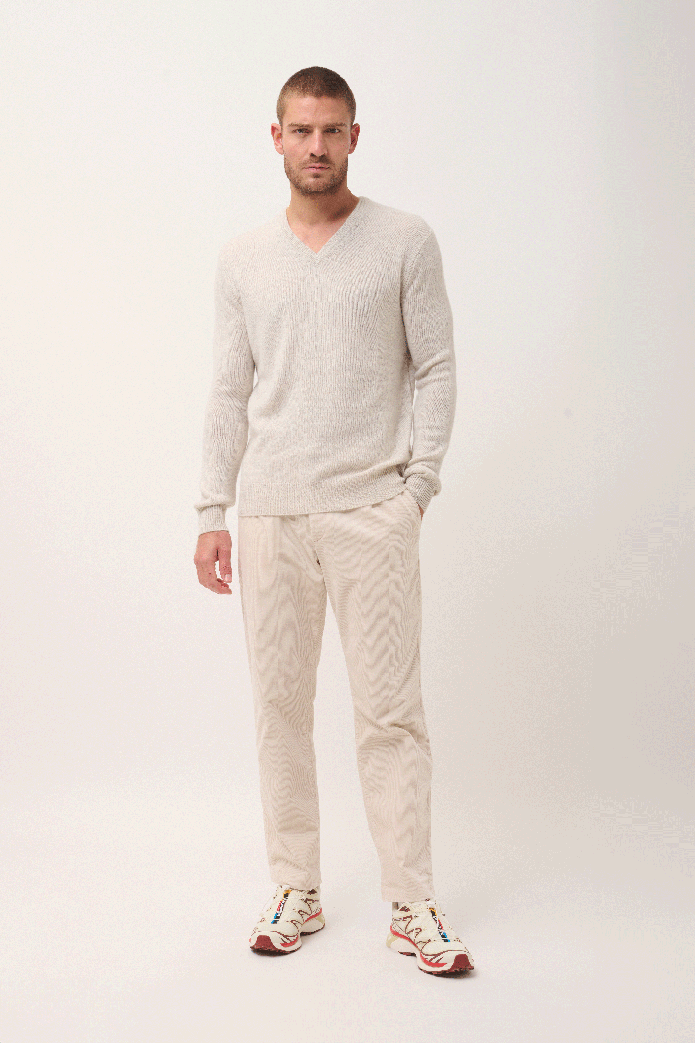Pull Col V 4 Fils Gris Perle Chiné Nathan, JUST CASHMERE