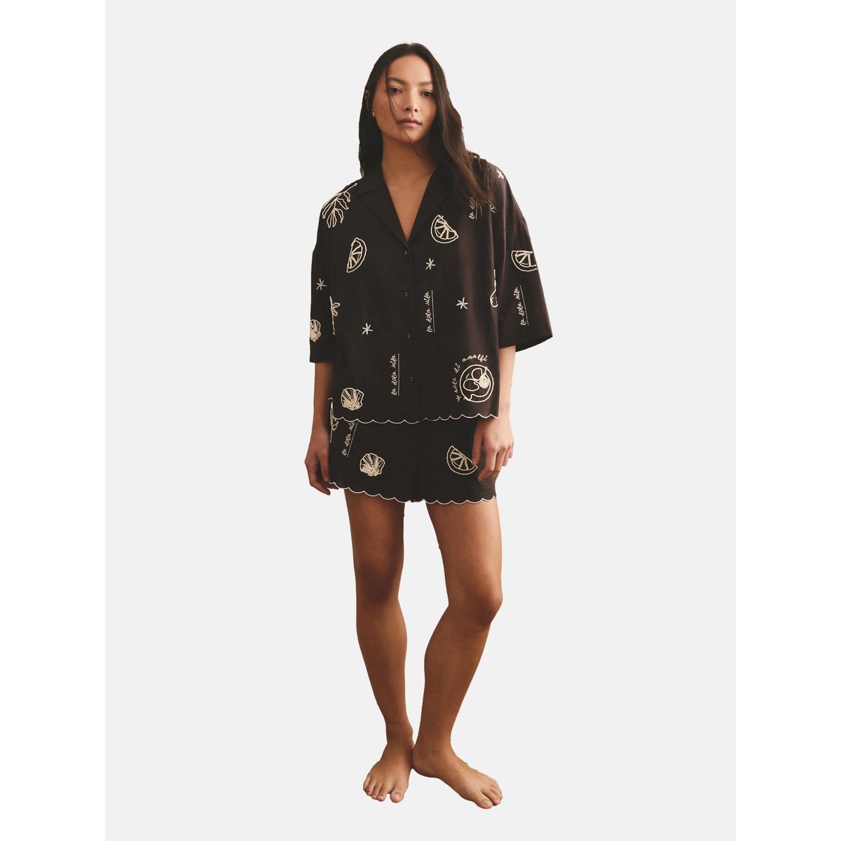 Ensemble pyjama short boutonné en coton brodé, NEXT