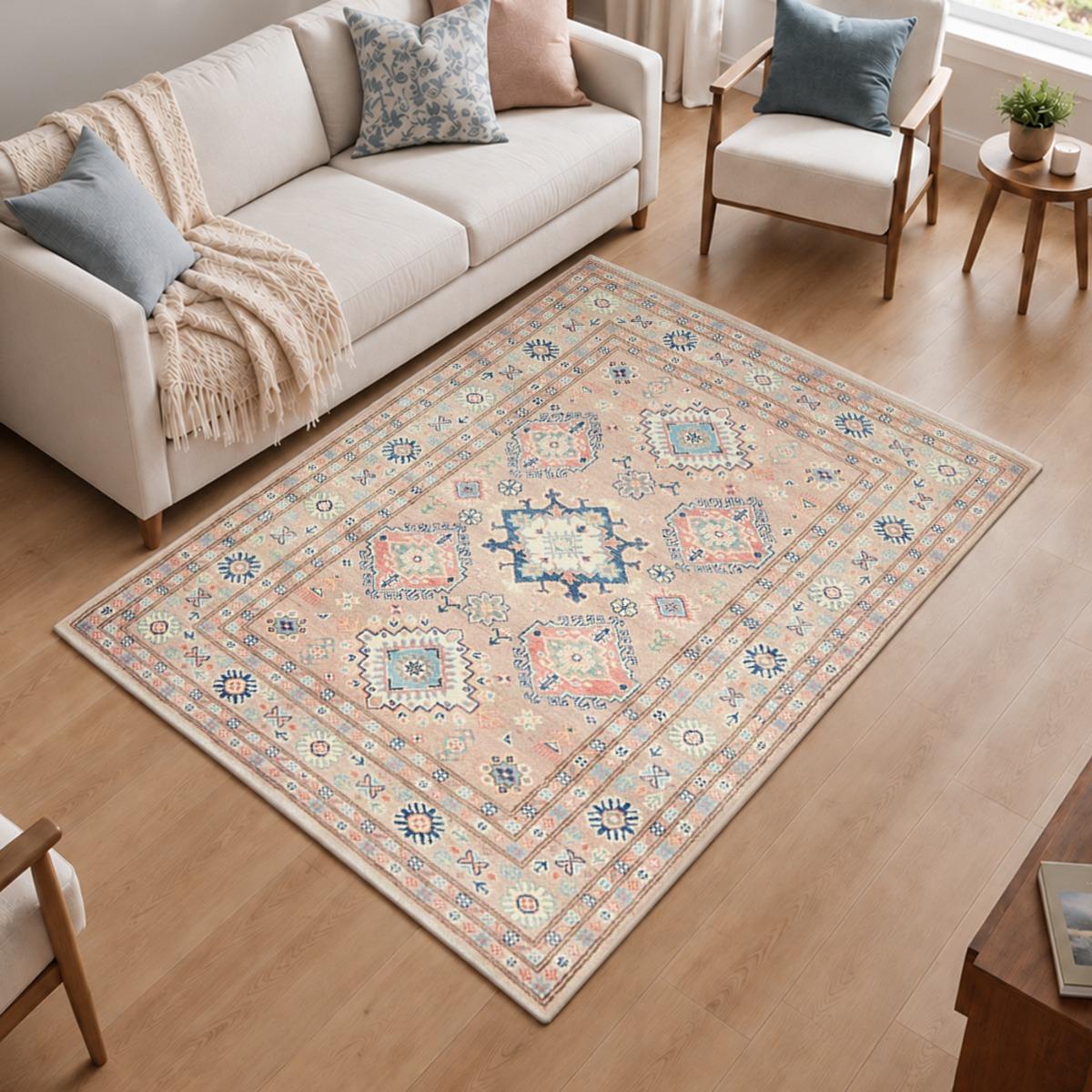 Tapis salon géométrique noué main, authentique en laine naturelle, UN AMOUR DE TAPIS