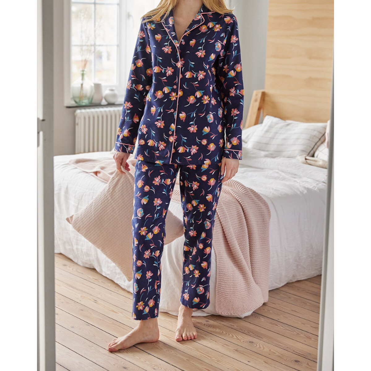 Pyjama manches longues en flanelle coton imprimé fond marine