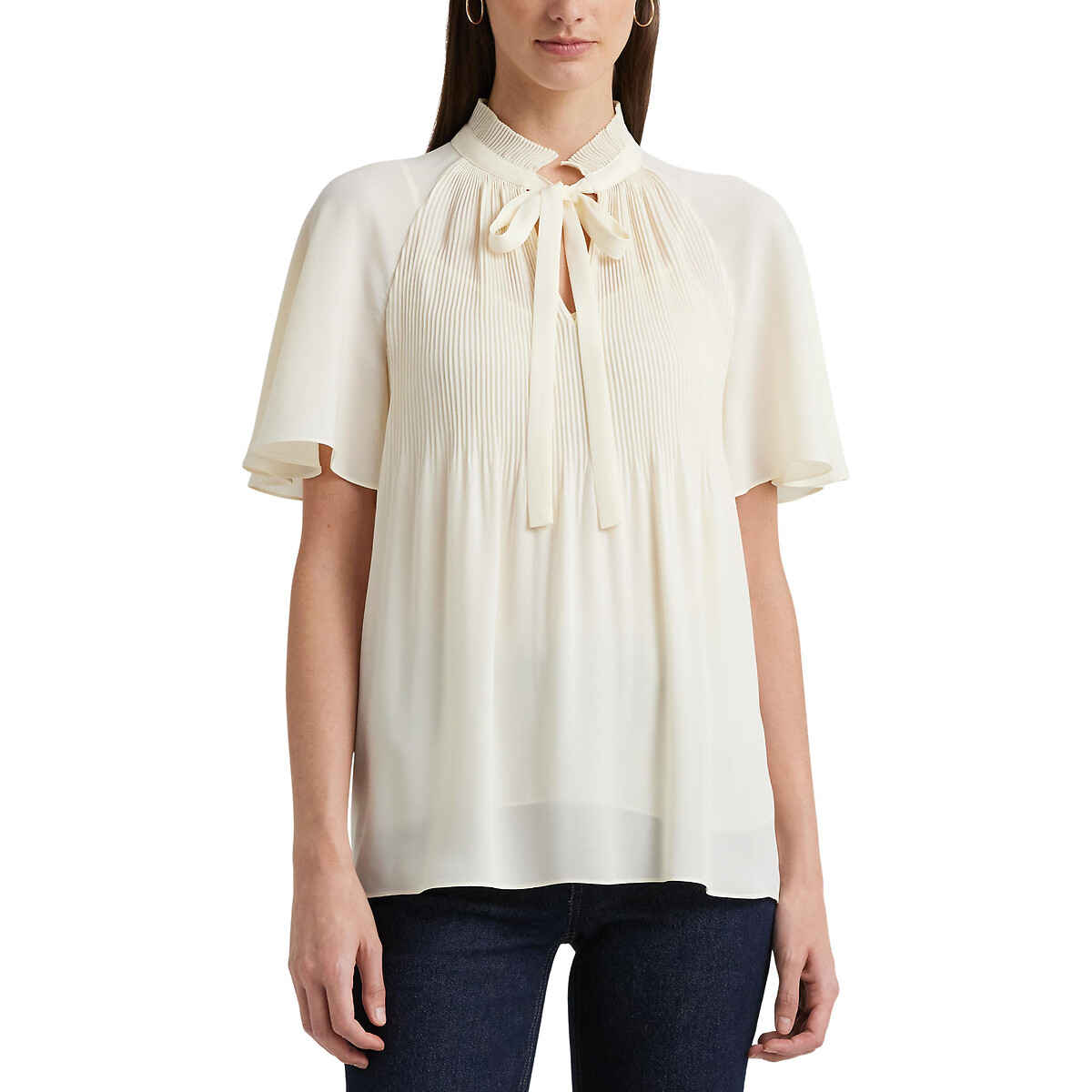 Image of Adar Pussy Bow Blouse with Short Sleeves