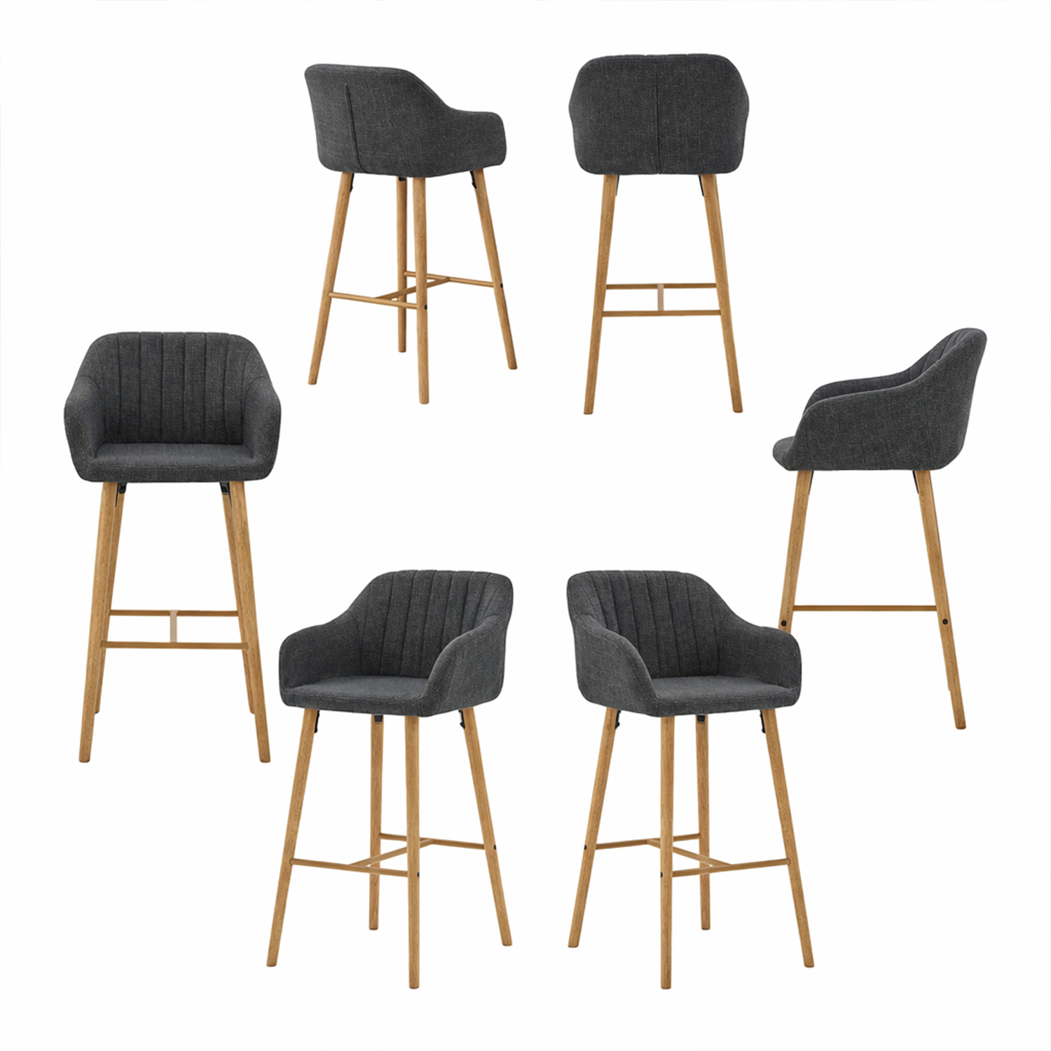 Lot de 6 chaises de bar scandinave en tissu lin H75cm, CARMENA, MEUBLES COSY
