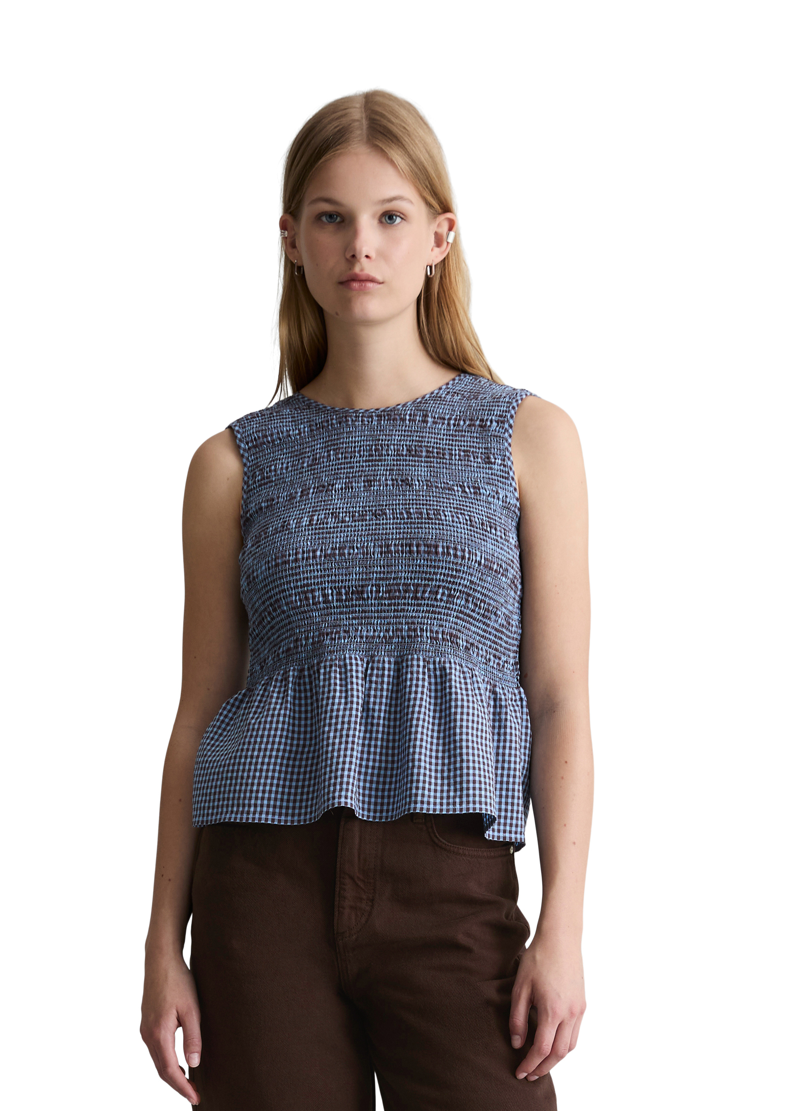 Top péplum en seersucker smocké slim en coton mélangé, MARC O’POLO DENIM